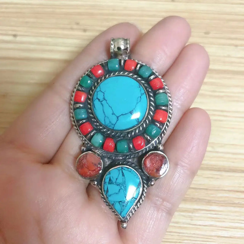 Ethnic Tibetan Copper Inlaid Turquoises Stone Pendant Necklace Women