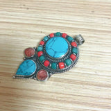 Ethnic Tibetan Copper Inlaid Turquoises Stone Pendant Necklace Women