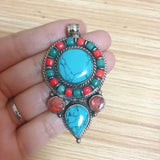 Ethnic Tibetan Copper Inlaid Turquoises Stone Pendant Necklace Women