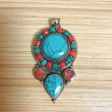 Ethnic Tibetan Copper Inlaid Turquoises Stone Pendant Necklace Women
