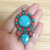 Ethnic Tibetan Copper Inlaid Turquoises Stone Pendant Necklace Women