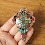 Tibetan Jewelry Brass Colorful Stone Flower Pendant Necklace Nepal