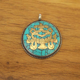 Tibetan Brass Turquoises 8 Auspicious Vase 36mm Pendant Necklace