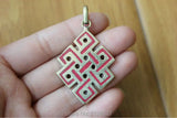 Tibetan Brass Red Stone Lucky Knot Amulet Pendants