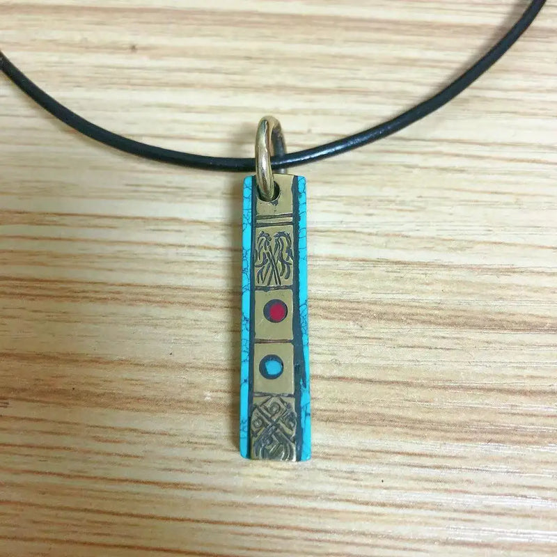 Tibetan Copper Lucky Signs Stone Double Side Pendant 38mm Long