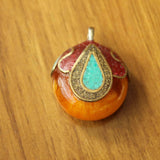 Ethnic Tibetan Flower Pendant Brass Resin Nepal Charm