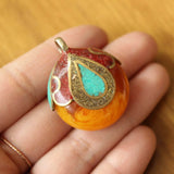 Ethnic Tibetan Flower Pendant Brass Resin Nepal Charm