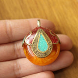 Ethnic Tibetan Flower Pendant Brass Resin Nepal Charm