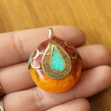 Ethnic Tibetan Flower Pendant Brass Resin Nepal Charm