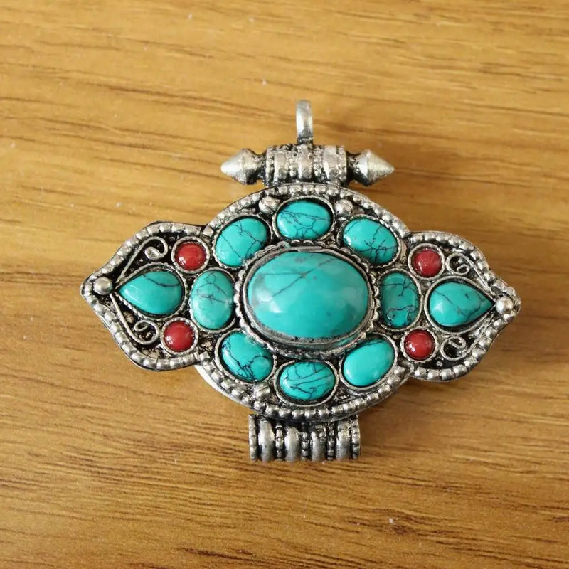 Tibetan Silver Turquoise Stone Prayer Box Gau Pendant