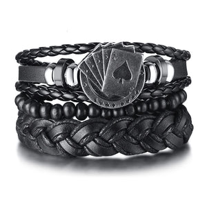 Poker Brown Leather Cuff Bracelet Men's Multilayer Wrap Wristband