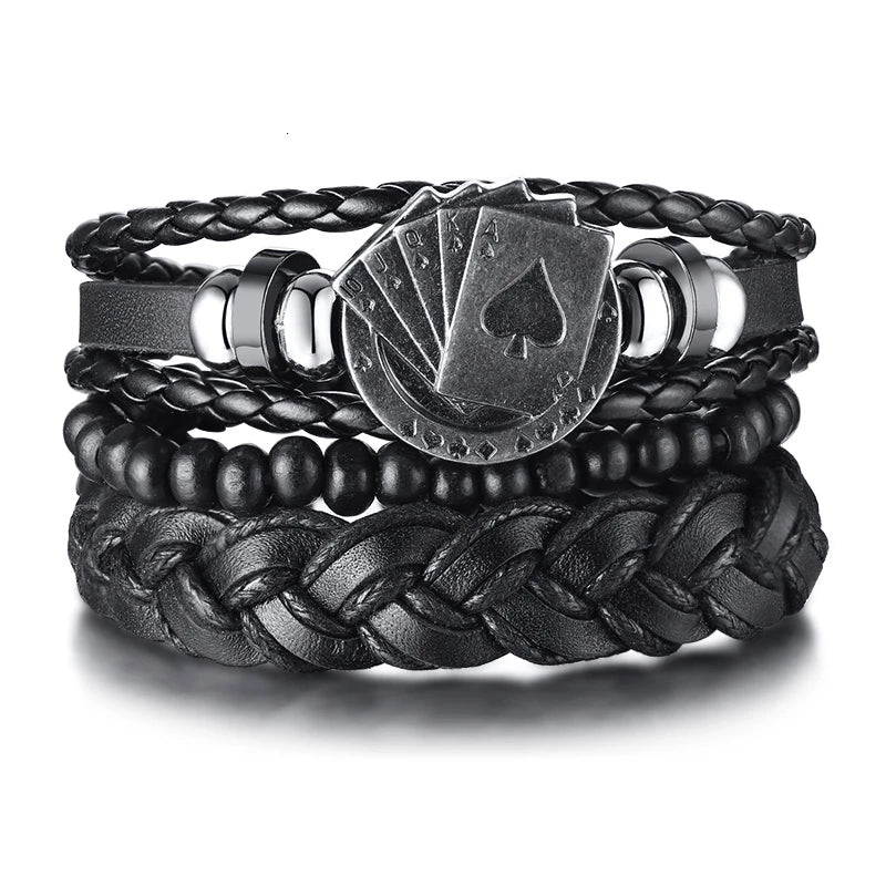 Poker Brown Leather Cuff Bracelet Men's Multilayer Wrap Wristband