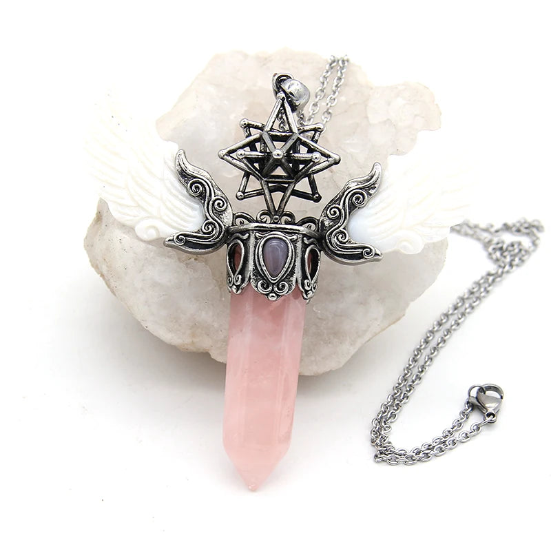 Natural Stone Angel Wings Pendant Necklace Vintage Jewelry