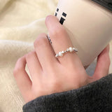 925 Silver Bead Pearl Adjustable Ring Women Geometric Fine Jewelry