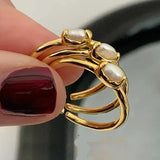 925 Silver Geometric Pearl Adjustable Ring for Women