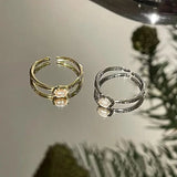 925 Silver Geometric Pearl Adjustable Ring for Women