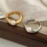 925 Silver Geometric Pearl Adjustable Ring for Women Party Jewelry