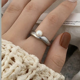 925 Silver Geometric Pearl Adjustable Ring for Women Party Jewelry
