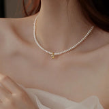 925 Silver Pearl Chain Heart Choker Necklace for Women