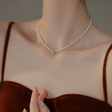 925 Silver Pearl Chain Heart Choker Necklace for Women