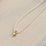 925 Silver Pearl Chain Heart Choker Necklace for Women