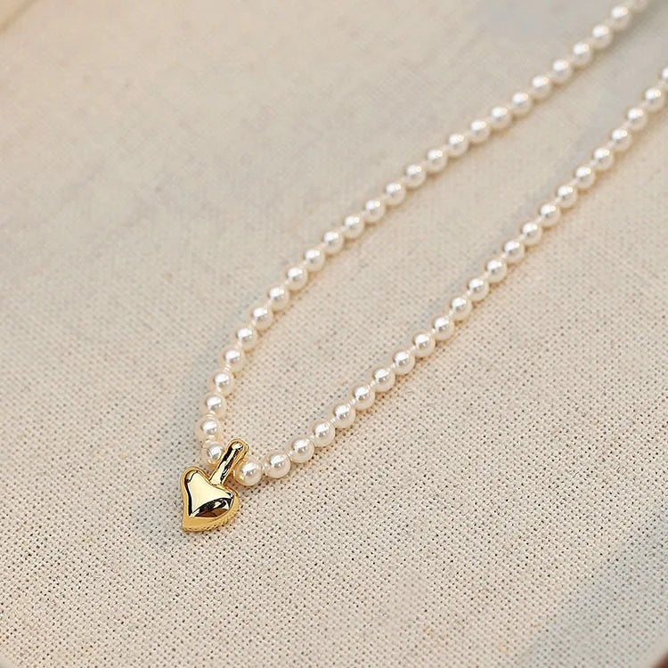 925 Silver Pearl Chain Heart Choker Necklace for Women