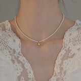 925 Silver Pearl Chain Heart Choker Necklace for Women