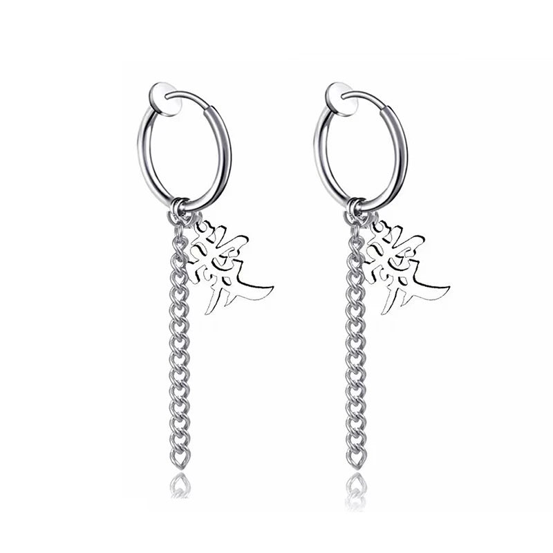 925 Silver Chinese Character Tassel Chain Hoop Earrings for Women