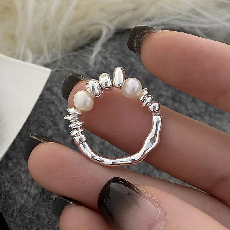 925 Silver Freshwater Pearl Adjustable Ring Women Jewelry
