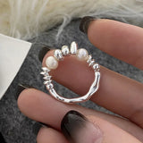 925 Silver Freshwater Pearl Adjustable Ring Women Jewelry