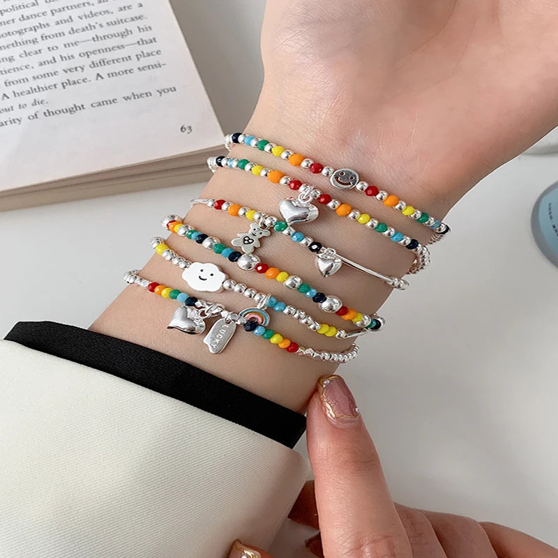 925 Sterling Silver Heart Beads Elastic Rope Bracelet Colorful Women Jewelry