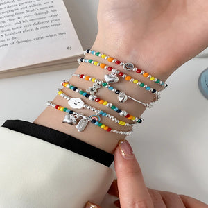 925 Sterling Silver Heart Beads Elastic Rope Bracelet Colorful Women Jewelry