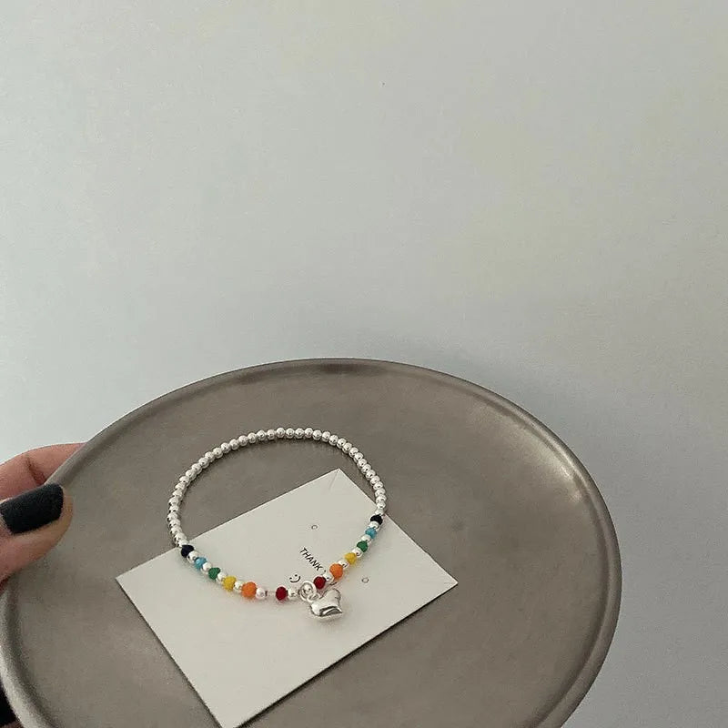 925 Sterling Silver Heart Beads Elastic Rope Bracelet Colorful Women Jewelry