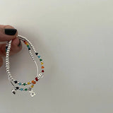 925 Sterling Silver Heart Beads Elastic Rope Bracelet Colorful Women Jewelry