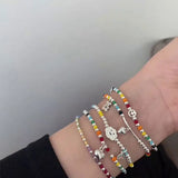 925 Sterling Silver Heart Beads Elastic Rope Bracelet Colorful Women Jewelry