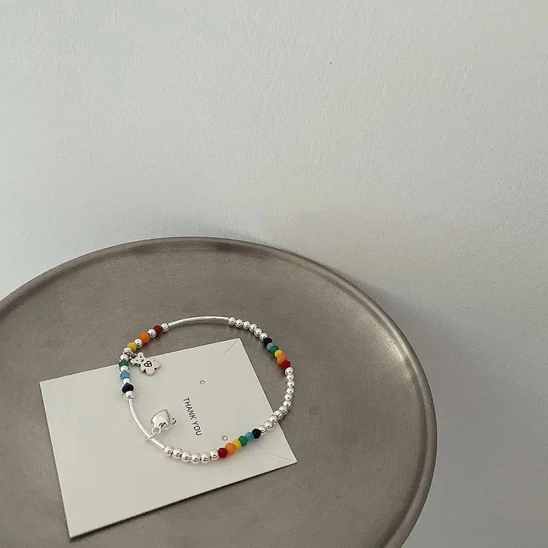 925 Sterling Silver Heart Beads Elastic Rope Bracelet Colorful Women Jewelry