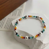 925 Sterling Silver Heart Beads Elastic Rope Bracelet Colorful Women Jewelry