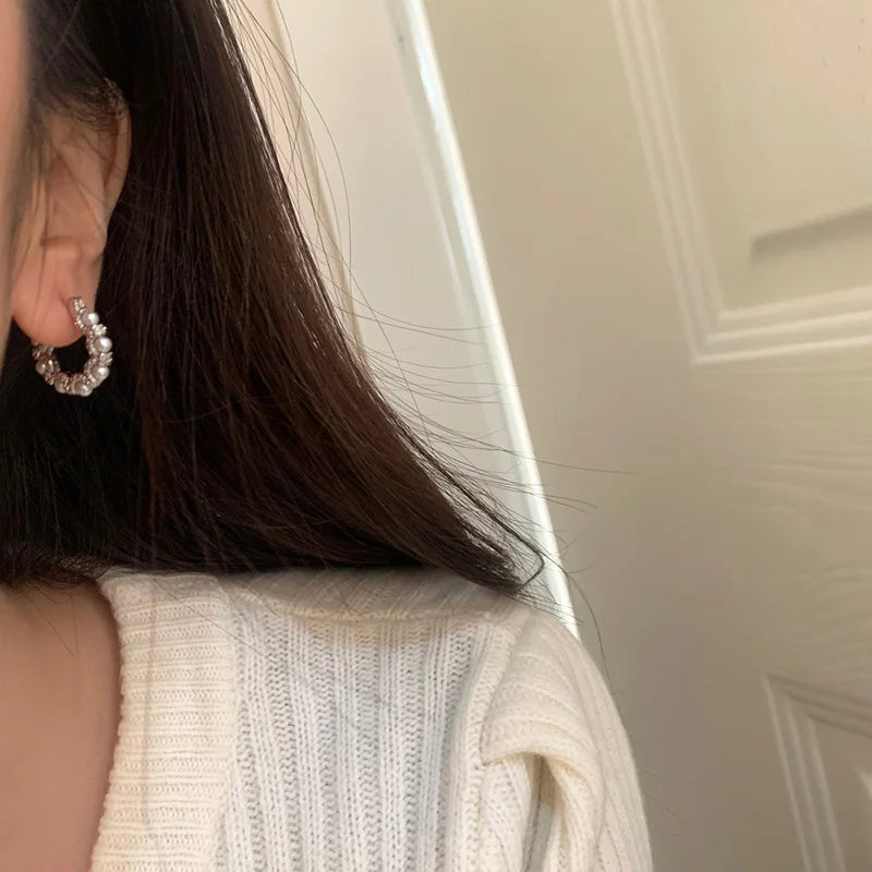 925 Silver Pearl U Hoop Earrings for Women Vintage Fine Jewelry