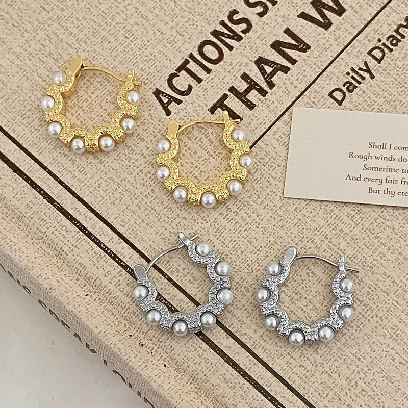 925 Silver Pearl U Hoop Earrings for Women Vintage Fine Jewelry