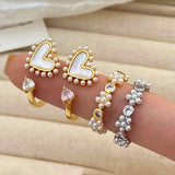 925 Silver Pearl Zircon Heart Flower Ring Women Adjustable Jewelry