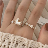 925 Silver Pearl Zircon Heart Flower Ring Women Adjustable Jewelry