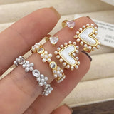 925 Silver Pearl Zircon Heart Flower Ring Women Adjustable Jewelry