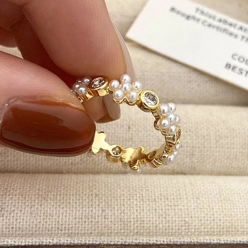 925 Silver Pearl Zircon Heart Flower Ring Women Adjustable Jewelry