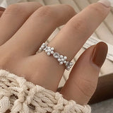 925 Silver Pearl Zircon Heart Flower Ring Women Adjustable Jewelry