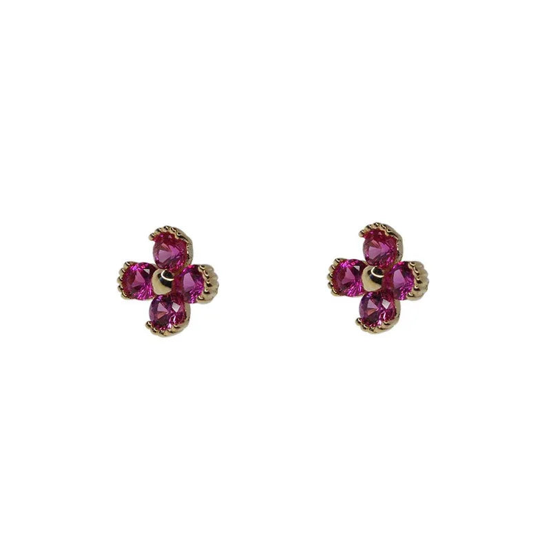 925 Silver Small Four Petal Flower Zircon Stud Earring for Women