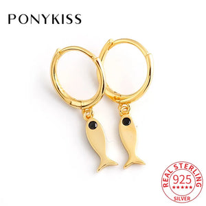 925 Silver Fish Zircon Hoop Earrings Women Anniversary Jewelry Gift