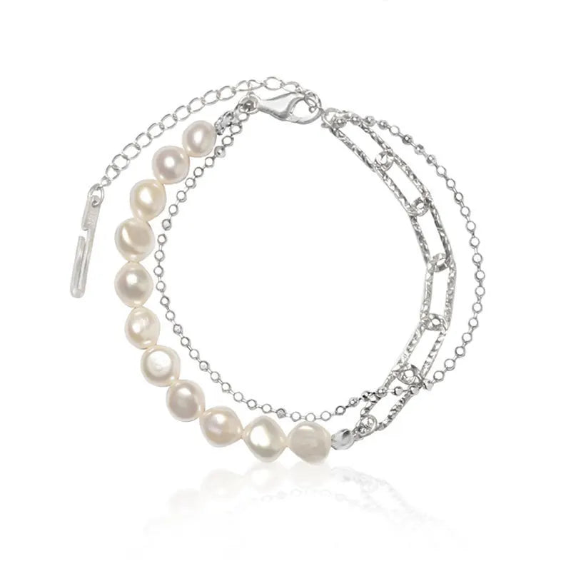 HipHop 925 Sterling Silver Double Layer Chain Pearl Bracelets