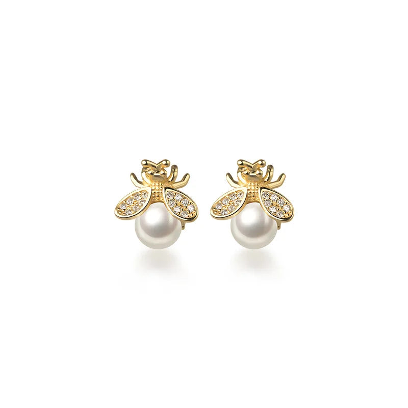 S925 Sterling Silver Animals Pearl Stud Earrings Women Party Jewelry