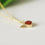 925 Sterling Silver 14K Red Zircon Heart Angel Feather Choker Necklace