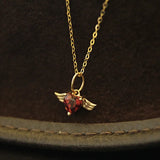 925 Sterling Silver 14K Red Zircon Heart Angel Feather Choker Necklace